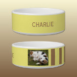 Add photo and name yellow and brown bowl<br><div class="desc">Pet bowl / cat / dog
Add a name and a photo.
Brown and yellow with stripes.</div>