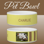 Add photo and name yellow and brown bowl<br><div class="desc">Pet bowl / cat / dog
Add a name and a photo.
Brown and yellow with stripes.</div>