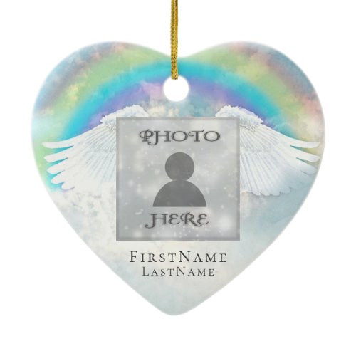 Add Photo Angel Wings and Heart Memorial Ceramic Ornament