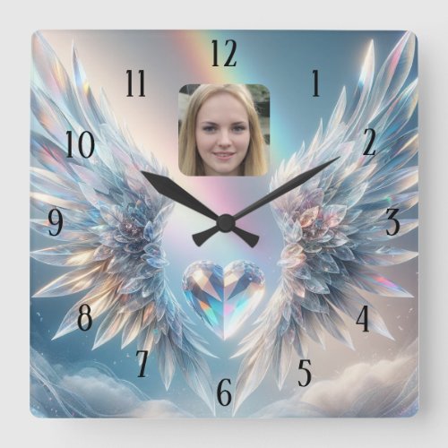 Add Photo Angel Wings Crystal Heart Square Wall Clock