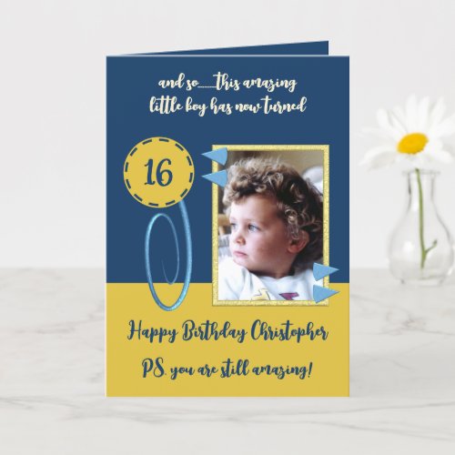 Add photo blue and gold 16th birthday card