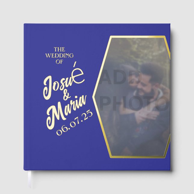 Add Photo Blue Wedding Foil Guestbook (Front)