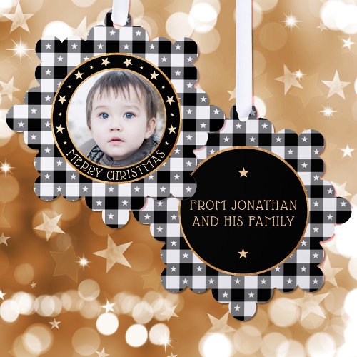    Add Photo Buffalo Plaid  Stars Merry Christmas Ornament Card