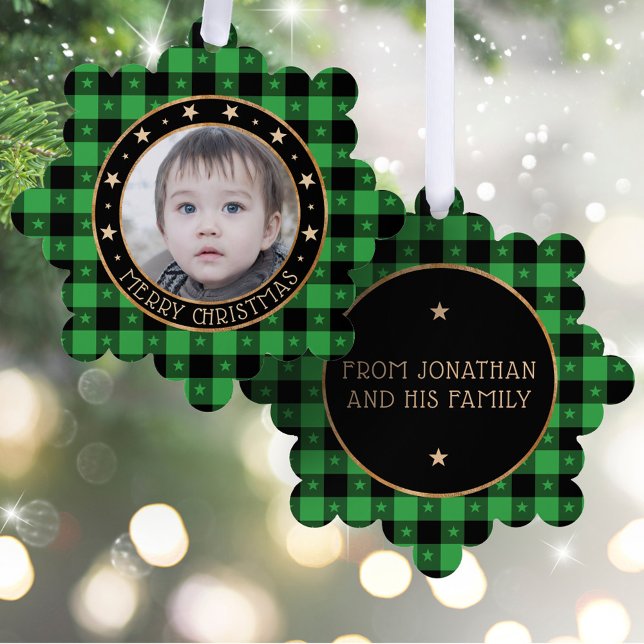    Add Photo Buffalo Plaid & Stars Merry Christmas Ornament Card (Creator Uploaded)