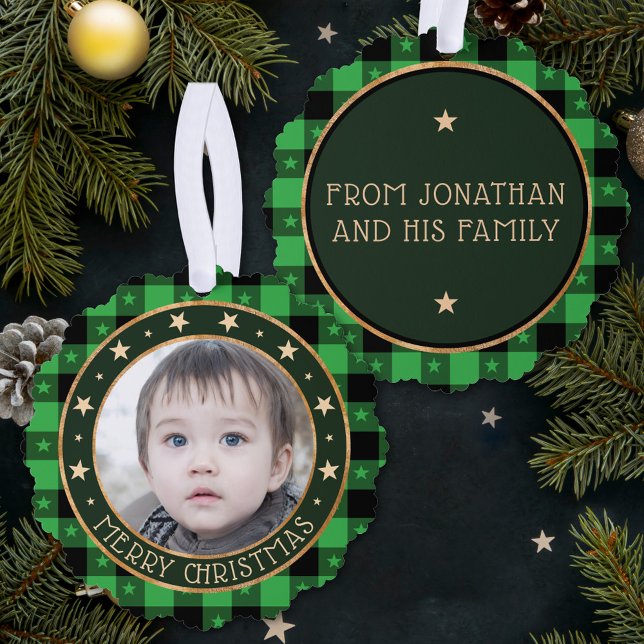    Add Photo Buffalo Plaid & Stars Merry Christmas Ornament Card (Creator Uploaded)