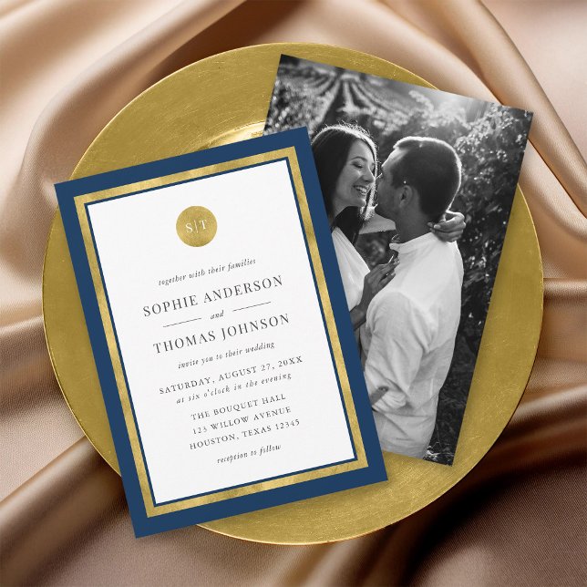 Add Photo Custom Color Gold Round Monogram Wedding Invitation (Creator Uploaded)