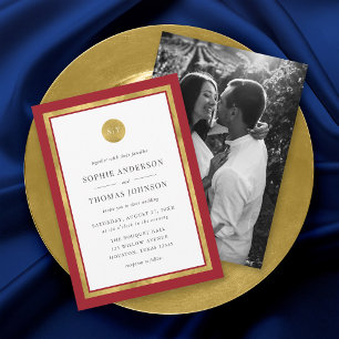 Add Photo Custom Color Gold Round Monogram Wedding Invitation