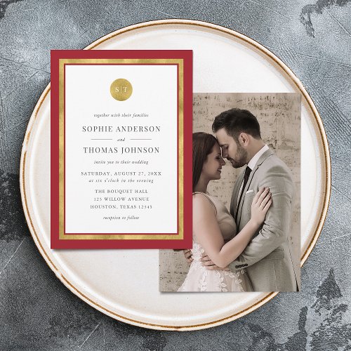 Add Photo Custom Color Gold Round Monogram Wedding Invitation