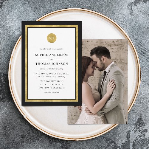 Add Photo Custom Color Gold Round Monogram Wedding Invitation