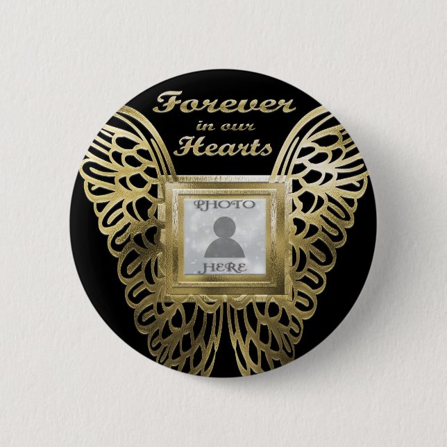 Add Photo Custom Gold Angel Wings Memorial Button (Front)