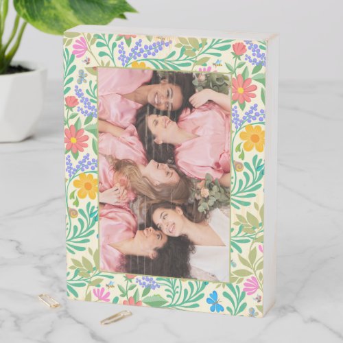    Add Photo Cute Boho Floral Pattern Frame Bridal Wooden Box Sign