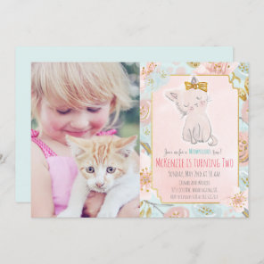 ADD PHOTO - Cute Kitten Floral Birthday Invitation