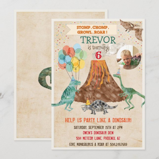 ADD PHOTO - Dinosaur Volcano Birthday Invitation (Front/Back)