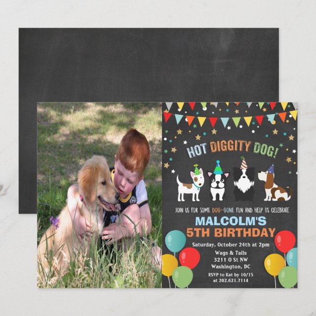 ADD PHOTO - Dog Puppy Birthday Chalk Invitation (Front/Back)