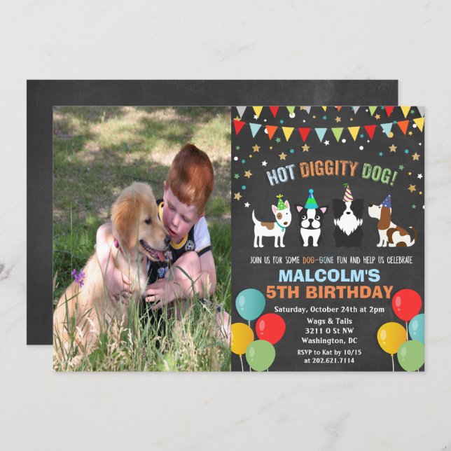 ADD PHOTO - Dog Puppy Birthday Chalk Invitation (Front/Back)