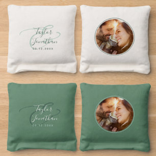 Add Photo Elegant Chic Sage Green Script Wedding Cornhole Bags
