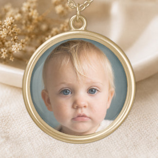 Add photo gift round gold plated necklace
