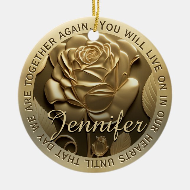 Add Photo Gold Rose with Name Memorial Ceramic Ornament (Front)