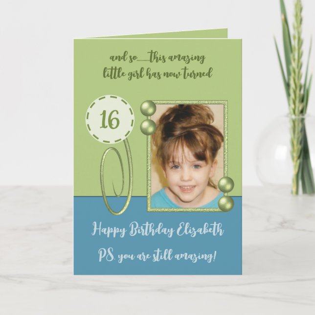 Add photo green and blue 16th birthday card (Front)