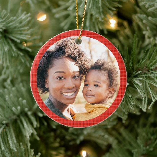 Add Photo Modern Classic Red Plaid Ceramic Ornament (Tree)