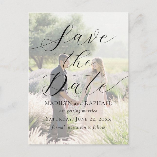 Add Photo Modern Script Elegant Save the Date Postcard (Front)