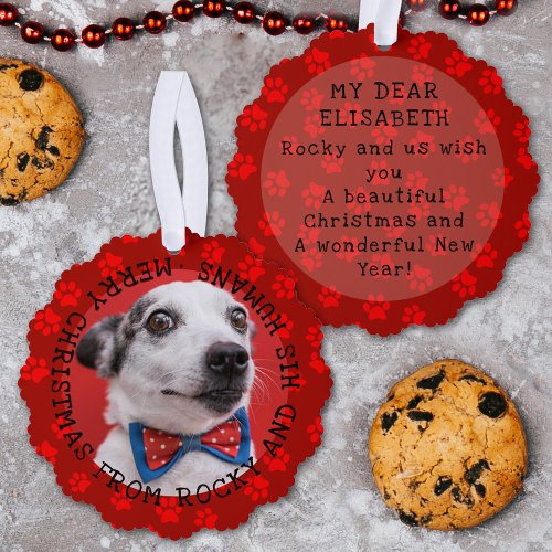 Add Photo  Name Funny Christmas Dog Pawprints Red Ornament Card