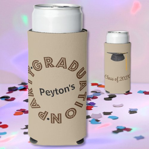 Add Photo, Name || Graduation Party Brown & Khaki Seltzer Can Cooler