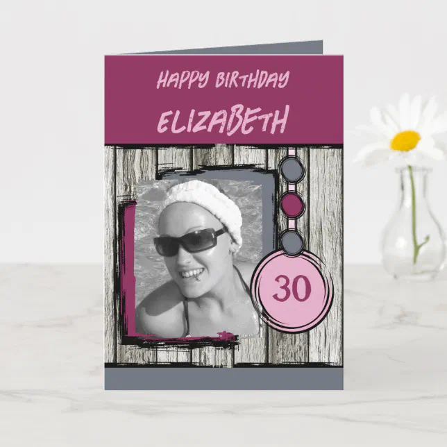 Add photo name grey magenta 30th birthday card | Zazzle