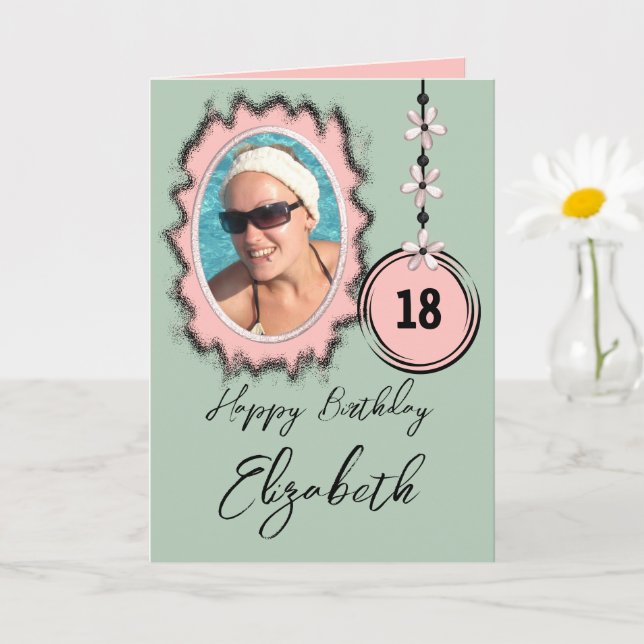 Add photo name pink green flowers 18th birthday card (Small Plant)