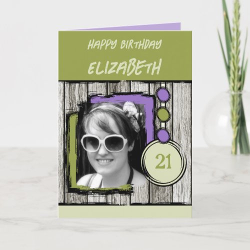 Add photo name purple green 21st birthday card