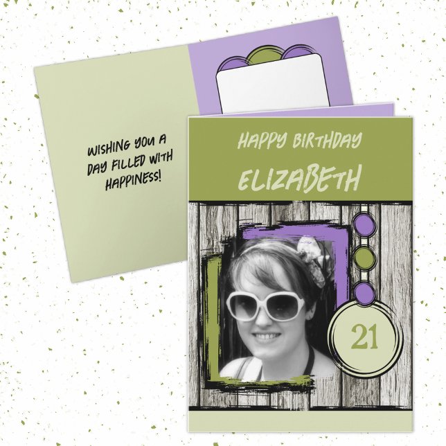 Add photo name purple green 21st birthday card (Creator Uploaded)