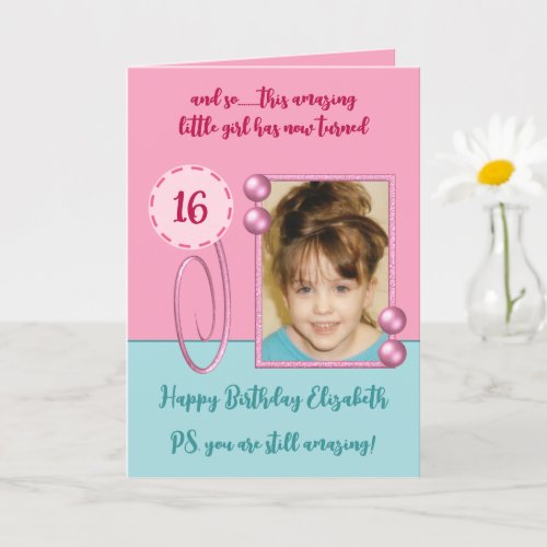 Add photo pink and mint 16th birthday card