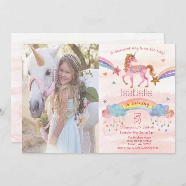 Add Photo Rainbow Unicorn Birthday Invitation (Front/Back)