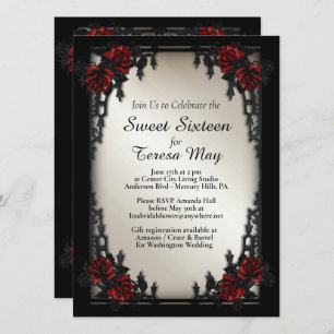 Add Photo Red Rose Gothic Sweet 16 Iron Gate Gold Invitation