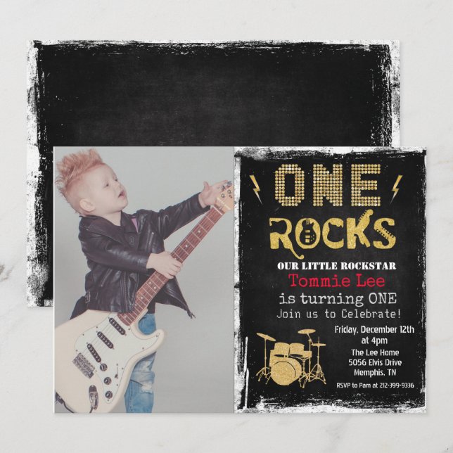 ADD PHOTO Rockstar Drumset 1st Birthday Invitation (Front/Back)