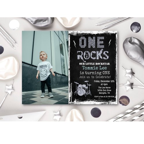 ADD PHOTO Rockstar Drumset 1st Birthday Invitation