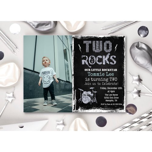 ADD PHOTO Rockstar Drumset 2nd Birthday Invitation