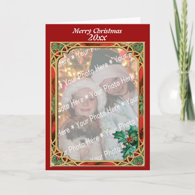 Add Photo Stained Glass Frame with Holly Leaves Holiday Card (Front)