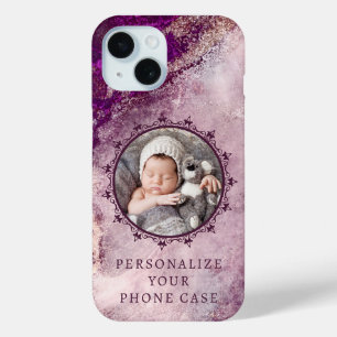 Add Photo & Text Elegant Classy Purple Marble iPhone 15 Case