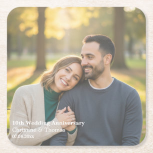 Add Photo Text Overlay 10th Wedding Anniversary Square Paper Coaster