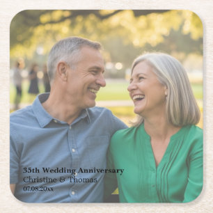 Add Photo Text Overlay 35th Wedding Anniversary  Square Paper Coaster