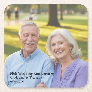 Add Photo Text Overlay 50th Wedding Anniversary  Square Paper Coaster