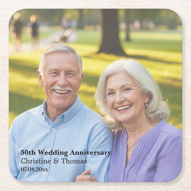 Add Photo Text Overlay 50th Wedding Anniversary  Square Paper Coaster (Front)