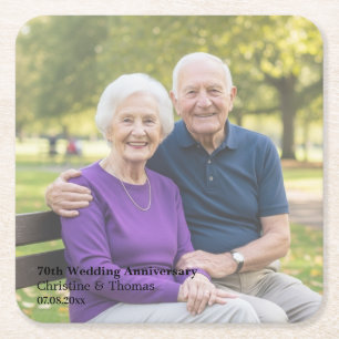 Add Photo Text Overlay 70th Wedding Anniversary Square Paper Coaster