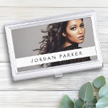 Add photo trendy fashion model name white stripe business card case<br><div class="desc">Modern custom photo business card case with your name on a white stripe.</div>