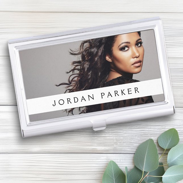 Add photo trendy fashion model name white stripe business card case (Add photo trendy fashion model name white stripe business card case)