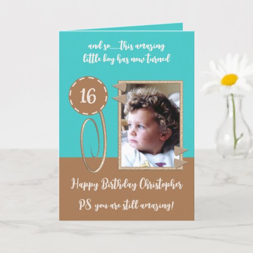 Add photo turquoise and brown 16th birthday card