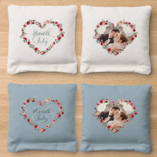  Add Photo Watercolor Floral Heart Elegant Wedding Cornhole Bags