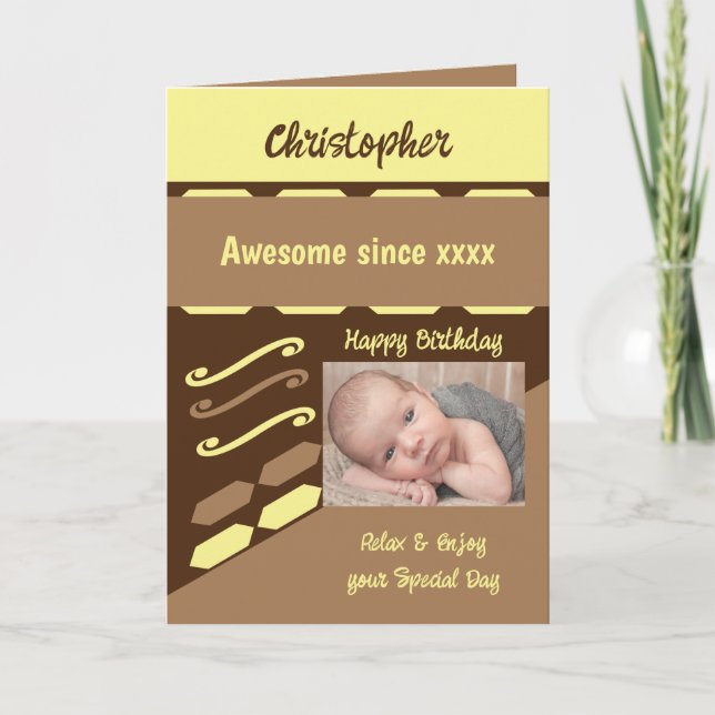 Add photo year name milestone birthday brown card (Front)