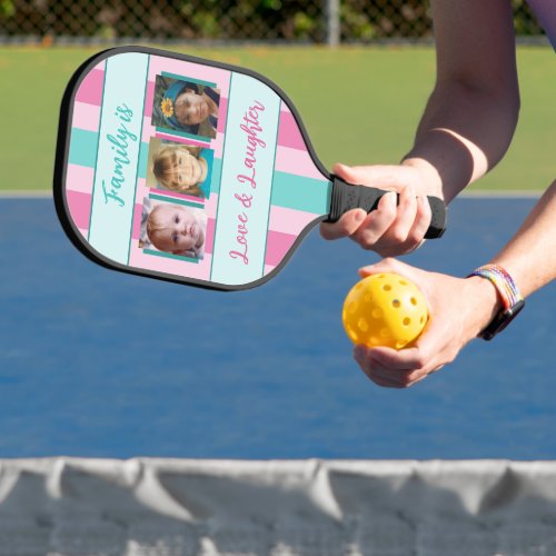 Add photos and a name stripes pink mint pickleball paddle